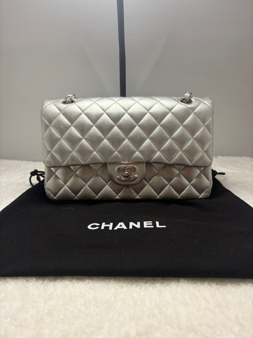 Chanel Quilted Medium Classic Flap Bag in Silver Lambskin Silver Hardware